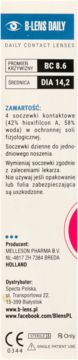 Tył opakowania B-LENS DAILY soczewek jednodniowych: BC 8.6, DIA 14.2, 4 sztuki. Widoczne dane techniczne.