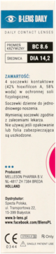 B-Lens Daily soczewki kontaktowe, opakowanie z tekstem: 4 szt., BC 8.6, DIA 14.2, 58% wody, dzienne.