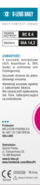 Bok pudełka soczewek B-Lens Daily, biały, z BC 8.6, DIA 14.2, zawartością 4 sztuk, instrukcjami i producentem.