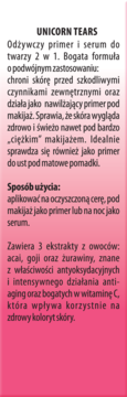 Różowa etykieta Unicorn Tears, z czarnym tekstem opisującym odżywczy primer i serum 2w1 do twarzy.