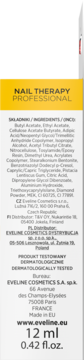 Tył opakowania Eveline Nail Therapy Professional, biało-żółte, ze składnikami i objętością 12 ml.