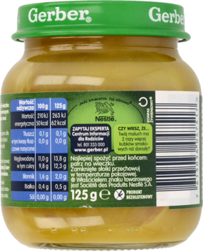 Słoiczek Gerber Organic, mus jabłko-brzoskwinia-morela, 125g. Widok z tyłu z etykietą.