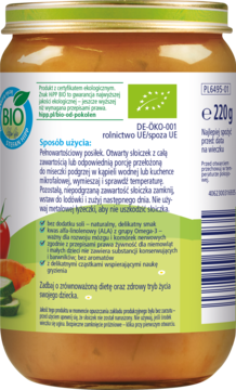 Tył słoiczka HiPP BIO z daniem dla niemowląt 220g. Zielono-biała etykieta z instrukcjami, składem i widocznymi warzywami.