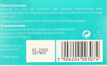 Tył turkusowego opakowania Labovital Skrzyp polny z datą ważności 03.2025, instrukcjami i kodem kreskowym.