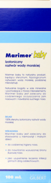 Front białego opakowania Marimer baby, izotoniczny roztwór wody morskiej do nosa, niebieskie detale, 100 ml.