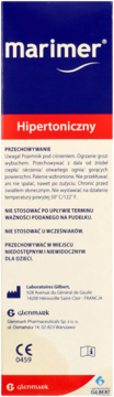 Tył opakowania Marimer Hipertoniczny, niebiesko-czerwone z białym napisem, zawiera polskie instrukcje i dane producenta.