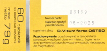 D-Vitum forte OSTEO, żółte opakowanie, widok z boku z tekstem: 60 tabletek, masa netto 79g, data ważności 05-2025.
