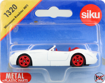 Biały samochodzik Siku Wiesmann Roadster MF5 z czerwonymi kołami w blisterze, widok z boku.