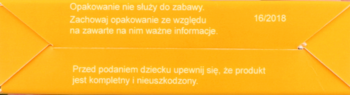 Dół żółtego opakowania książki Zagadki z dziurką, z białymi ostrzeżeniami o bezpieczeństwie dla dzieci.