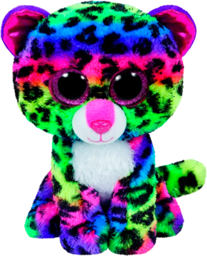 Tęczowy pluszowy leopard 14 cm, z czarnymi cętkami i dużymi, brokatowymi oczami, siedzi, widok z przodu.