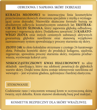 Info o kremie Kuracja Młodości: śluz ślimaka, złoto 24K, kwas hialuronowy. Beżowa ulotka, tekst PL.