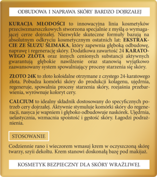 Tekstowa reklama Kuracji Młodości, kremu przeciwzmarszczkowego ze śluzem ślimaka i 24K złota.