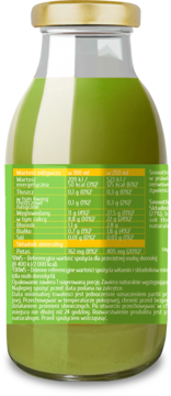 Tył butelki zielonego smoothie DETOX z widoczną etykietą, przedstawiającą tabelę wartości odżywczych.
