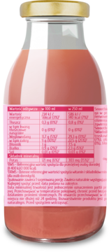 Tył butelki smoothie ENERGY w kolorze czerwono-różowym ze złotą nakrętką i etykietą z tabelą wartości odżywczych.