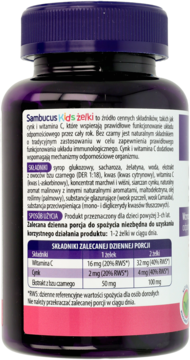 Tył fioletowej butelki Sambucus Kids żelki z czarną etykietą, widoczne dane o składzie, dawkowaniu i wartościach dla odporności.