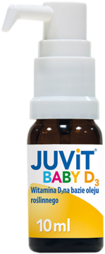 Juvit Baby D3, witamina D3 w 10 ml brązowej butelce z białym pompką, biało-żółta etykieta, widok z przodu.