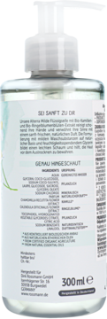 Tył butelki płynnego mydła Alterra z bio-rumiankiem i nagietkiem, z widocznym składem, 300 ml.
