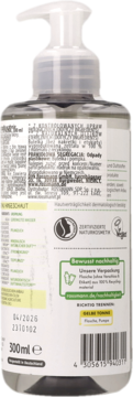 Tył przezroczystej butelki Alterra mydło w płynie bio trawa cytrynowa, 300ml, biała etykieta, recykling.
