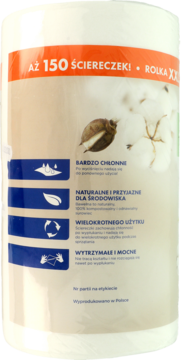 Rapid Clean ekologiczne ściereczki z bawełny, biała rolka XXL, z niebiesko-pomarańczowym opakowaniem i bawełną.