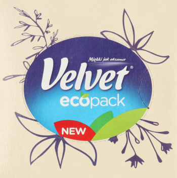 Etykieta chusteczek Velvet ecopack: owalna naklejka z logo i napisem "NEW" na wzorzystym, jasnym tle.