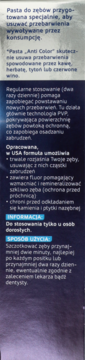 Ciemne opakowanie pasty Rapid White Anti Color z białym tekstem, widok na polskie instrukcje i zalety.