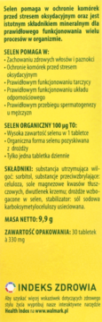 Walmark Selen Organiczny 100 µg, suplement diety. Żółta etykieta z polskim opisem składu i dawkowania tabletek.