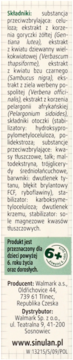 Tył etykiety Sinulan Forte: składniki suplementu, zielone oznaczenie wiekowe 6+, dane producenta.