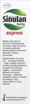 Opakowanie Sinulan forte express aerozol do nosa, białe z zielono-czerwonym logo i listą składników. Widok z przodu.
