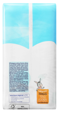 Tył opakowania białych pieluszek Babywelt Premium XL 14-20kg, z niebieskimi elementami, niemieckim tekstem i logo osiołka.