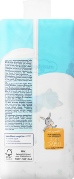 Tył opakowania Pieluszek Premium jednorazowych Maxi 8-14 kg, biało-niebieskie, z logo FSC, tekstem i osiołkiem.