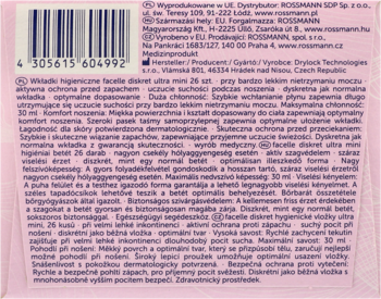 Tył opakowania wkładek higienicznych facelle diskret ultra mini 26 szt. z tekstem informacyjnym i kodem kreskowym.