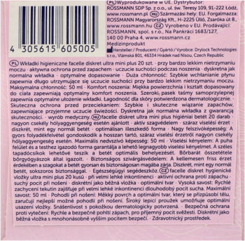 Tył różowego opakowania wkładek facelle diskret ultra mini plus na nietrzymanie moczu, z opisem PL i barkodem.