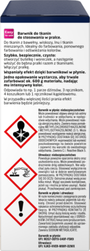 Barwnik do tkanin Simplicol, opakowanie granatowo-białe, z przodu instrukcja i trzy symbole ostrzegawcze.