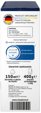 Tył opakowania barwnika Simplicol z informacją o produkcie, instrukcją i zawartością 150ml płynu, 400g proszku.