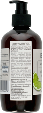 Tył butelki ISANA Mydło Limonka & Tymianek 350ml, ciemna z czarną pompką, widoczna etykieta i zielona limonka.