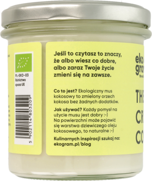 Tylna strona szklanego słoika ekologicznego musu kokosowego, jasnożółta etykieta z polskim tekstem BIO.