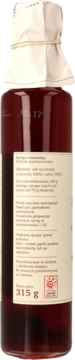 Tył butelki syropu żurawinowego Poezja, z czerwonym płynem, białą etykietą i papierowym korkiem, 315 g.