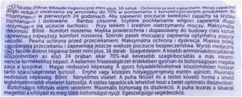Opakowanie facelle Diskret mini plus 16 sztuk, jasnoniebieskie, z opisem cech produktu na tle.