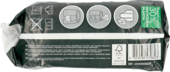 Tył opakowania Facelle Wkładki higieniczne męskie level 2 (10 sztuk), ciemne, z logo FSC i 30% bioplastiku.