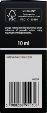 Tył czarnego opakowania olejku Anti-Tabac (10 ml), z certyfikatem FSC, kodem kreskowym i ostrzeżeniem.