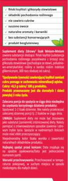 Tył czerwonego opakowania suplementu Zdrowy lizak Mniam-Mniam, z pełnymi informacjami o składnikach i dawkowaniu.