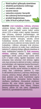 Tył opakowania lizaków Mniam-Mniam z zielonymi znacznikami i listą składników. Zawiera ksylitol, witaminy, bez cukru.