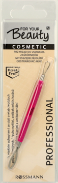 Profesjonalny przyrząd do usuwania zaskórników For Your Beauty Rossmann, różowa rączka, w blistrze, widok z przodu.