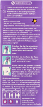 Facelle ekologiczny kubeczek menstruacyjny M, przód fioletowego opakowania z instrukcjami i tabelą rozmiarów.