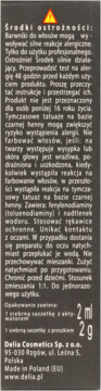 Tylna strona ciemnego opakowania Delia Cosmetics Tradycyjnej Henny do brwi z ostrzeżeniami i instrukcjami w języku polskim.