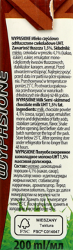 Tył brązowego kartonu mleka czekoladowego UHT Wypasione 1.5% tłuszczu, 200ml, z informacjami o składnikach i logo FSC.