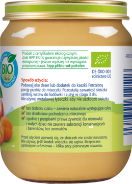 Tył etykiety słoiczka HiPP BIO Jabłka z morelami, przecieru dla niemowląt, z zielonym tłem i certyfikatem BIO.