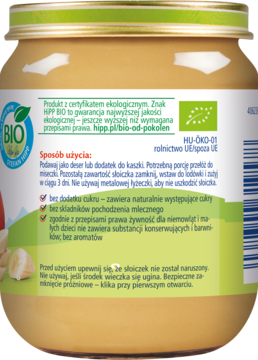 Widok etykiety tylnej słoiczka HiPP BIO z żywnością dla niemowląt, szczegóły produktu i sposobu użycia.