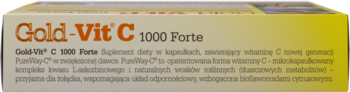 Żółte opakowanie suplementu Gold-Vit C 1000 Forte, widok z przodu i góry, z pomarańczowym napisem.