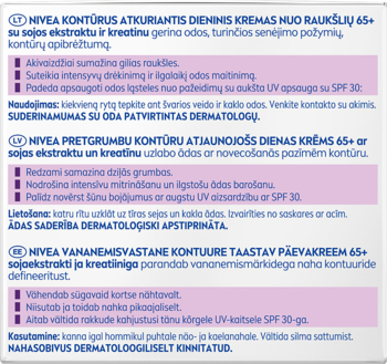 Tył opakowania kremu NIVEA 65+ z ekstraktem z soi, kreatyną i SPF 30, biało-fioletowe, teksty w 3 językach.